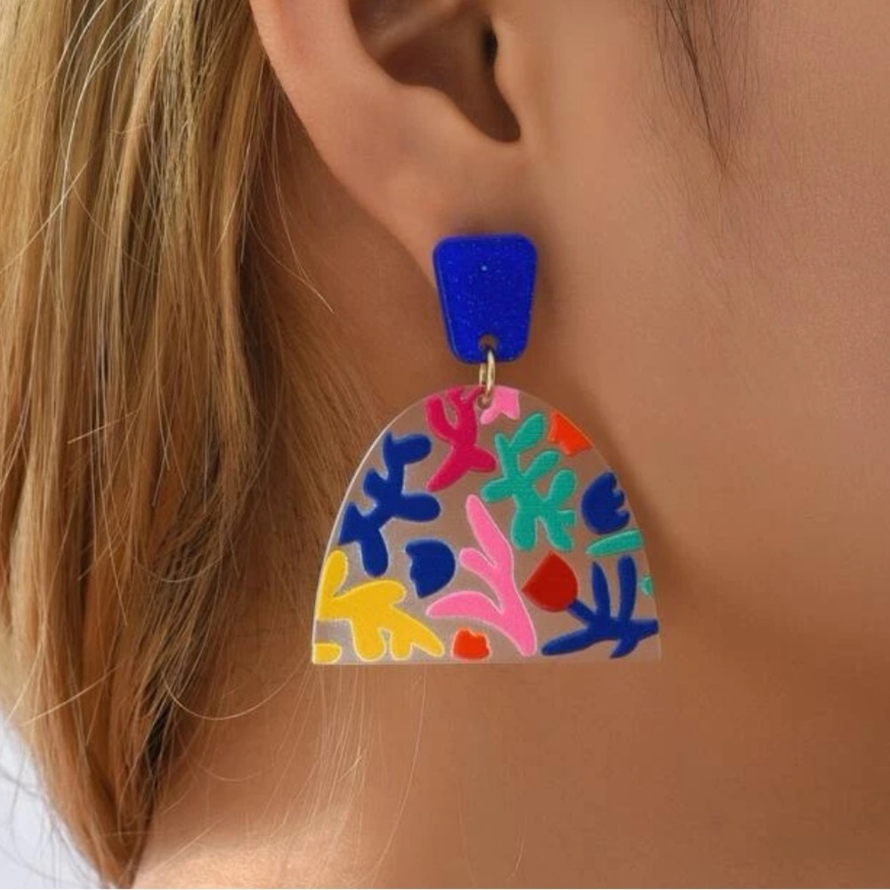 Blue floral pattern geometric drop earrings - Picture 1 of 2